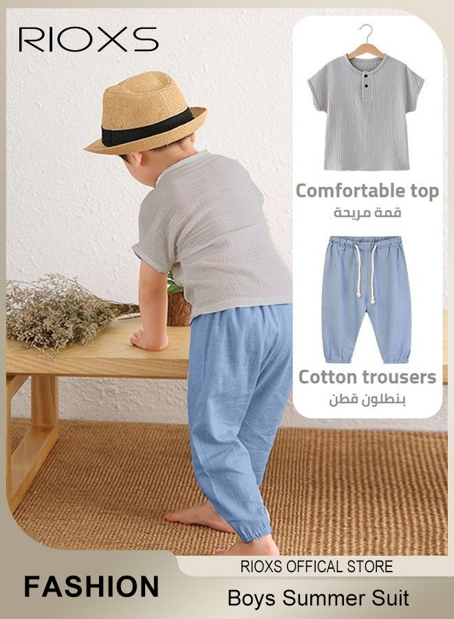 RIOXS 2PCS T-Shirt and Pants Set, Short Sleeved Cotton Shirt and Linen-cotton Pants, Fashionable Outfit for Toddlers, Comfortable Skin-friendly Summer Suit for Kids, Suitable for Daily Wear, Home Wear or Photography Dressing  - Image 3