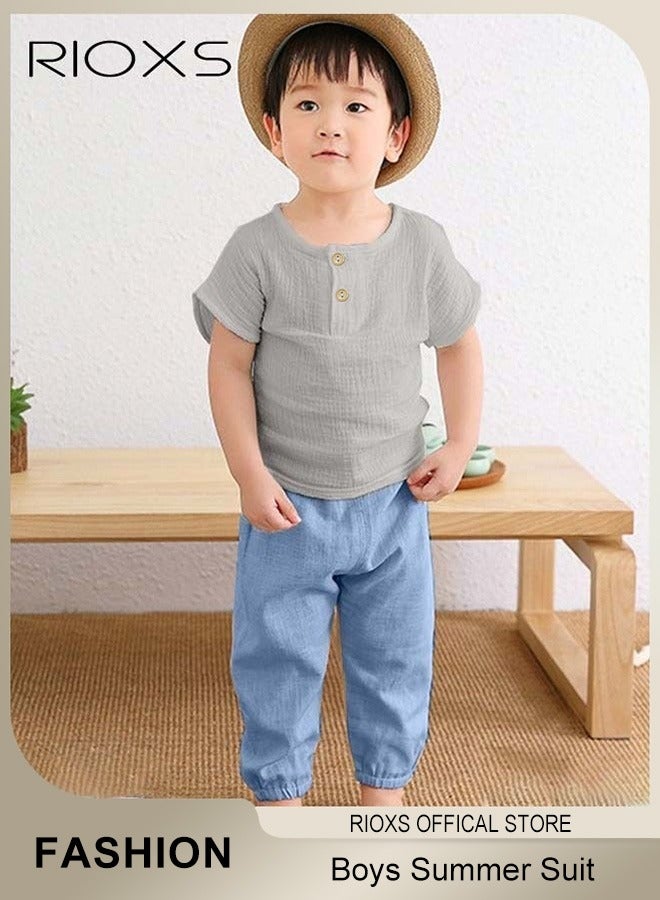 RIOXS 2PCS T-Shirt and Pants Set, Short Sleeved Cotton Shirt and Linen-cotton Pants, Fashionable Outfit for Toddlers, Comfortable Skin-friendly Summer Suit for Kids, Suitable for Daily Wear, Home Wear or Photography Dressing  - Image 1