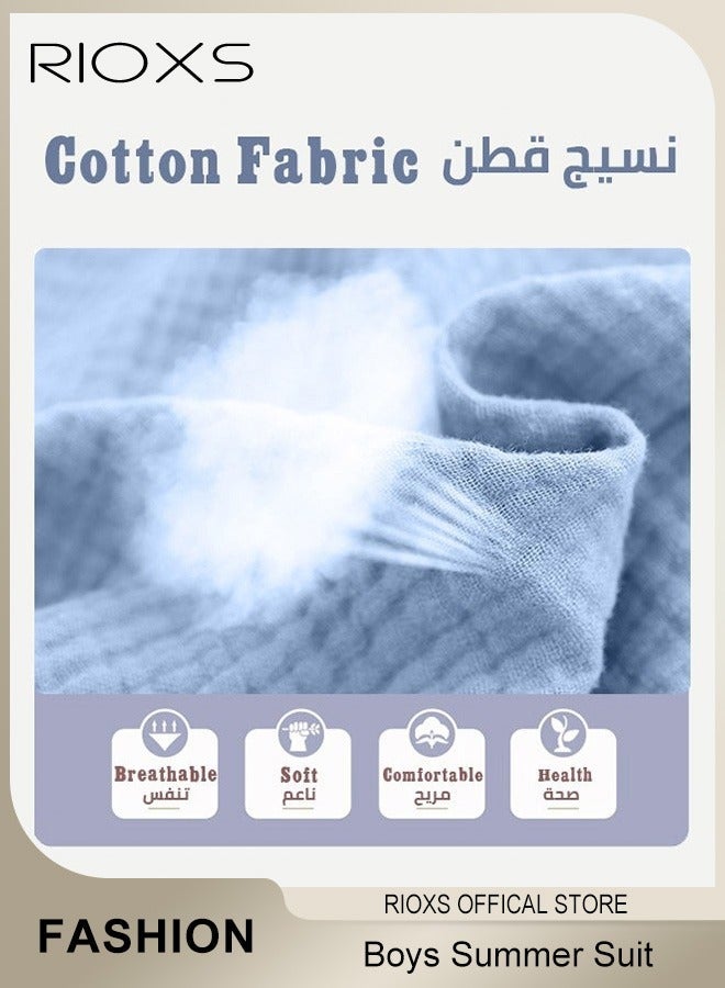 RIOXS 2PCS T-Shirt and Pants Set for Boys & Girls, Short Sleeved Cotton Shirt and Linen-cotton Pants, Fashionable Outfit for Toddlers, Comfortable Skin-friendly Summer Suit for Kids, Suitable for Daily Wear, Home Wear or Photography Dressing - Image 5