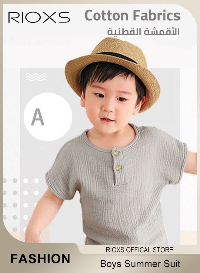 RIOXS 2PCS T-Shirt and Pants Set for Boys & Girls, Short Sleeved Cotton Shirt and Linen-cotton Pants, Fashionable Outfit for Toddlers, Comfortable Skin-friendly Summer Suit for Kids, Suitable for Daily Wear, Home Wear or Photography Dressing - Image 4