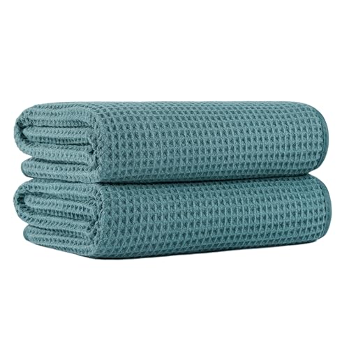 MICROFI New Microfiber Waffle Bath Towels, 2 Pieces, Oversized, Soft, Absorbent, Fast Drying, Lint Free 430 GSM (Green) - Image 1