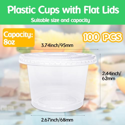 Alaeseje 100 Pack 8oz Plastic Cups with Flat LidsHole in the LidDisposable Clear CupsClear Crystal Dessert Cups for ParfaitFruitSnacksYogurtJellyIce CreamCold Drinks - Image 3