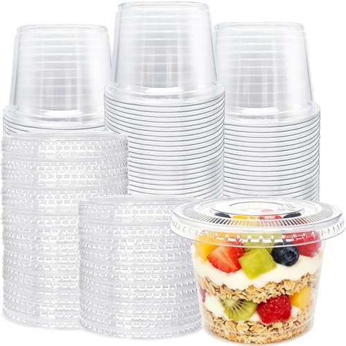 Alaeseje 100 Pack 8oz Plastic Cups with Flat LidsHole in the LidDisposable Clear CupsClear Crystal Dessert Cups for ParfaitFruitSnacksYogurtJellyIce CreamCold Drinks - Image 1