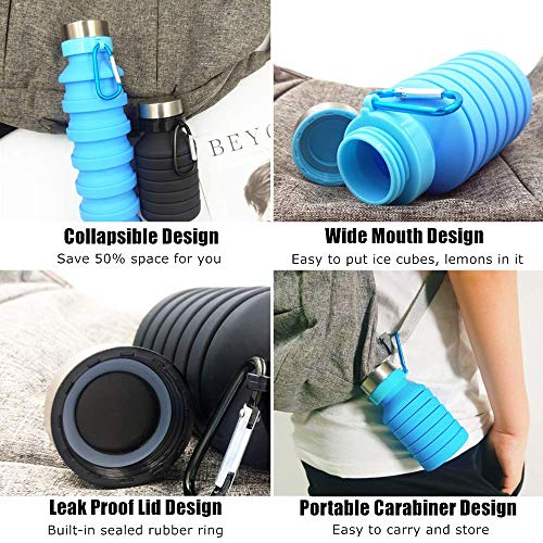 Baskety Collapsible Water Bottle Reusable Silicone Foldable Bottle for Travel, Gym, Camping, Hiking Sports - 550ml (Blue, Pack of 2) - Image 3