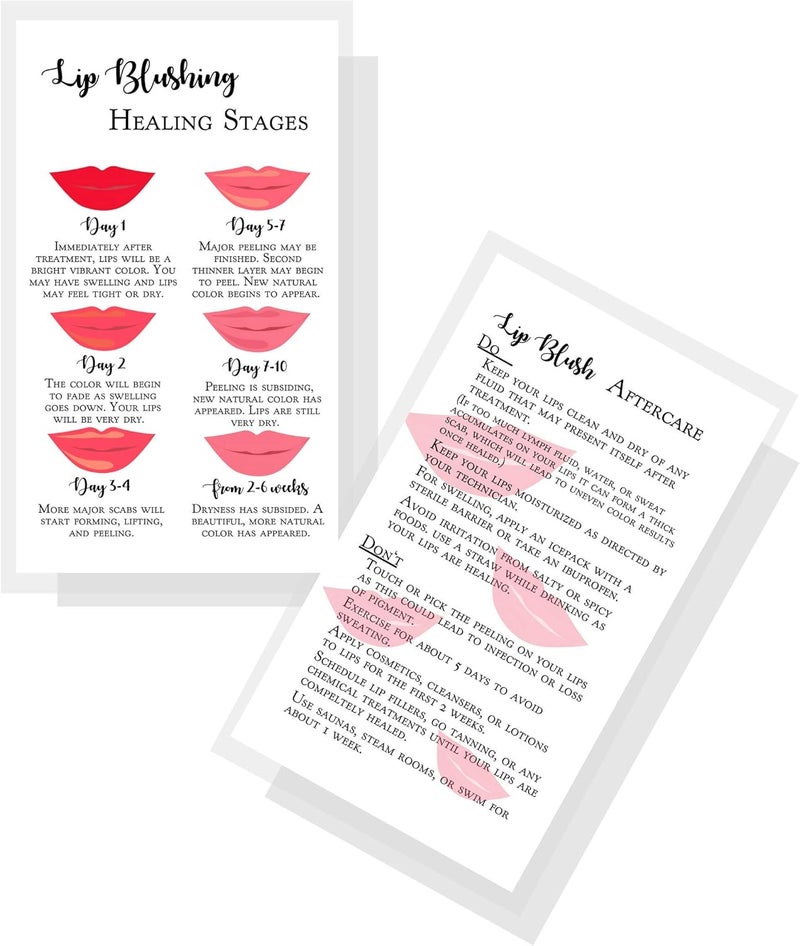 Boutique Marketing LLC Lip Blush Stages of Healing and Aftercare Instructions Cards,Package of 50,Double Sided Size 2x3.5 inch inches Business Card,Lips Design,white,red,pink,black