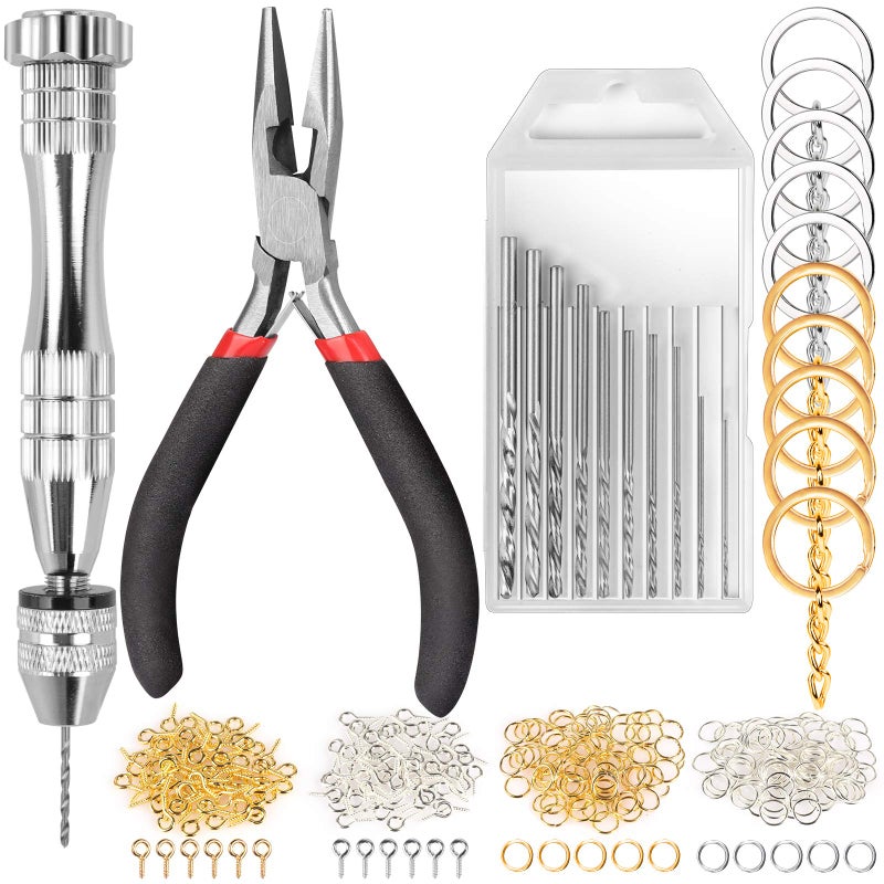 LEOBRO Hand Drill 222 PCS Pin Vise Hand Drill with Drill Bits08 mm3 mm Needle Nose Pliers Keychain Making Kit Jewelry Making Supplies Hand Drill Tools for Jewelry Keychains Making