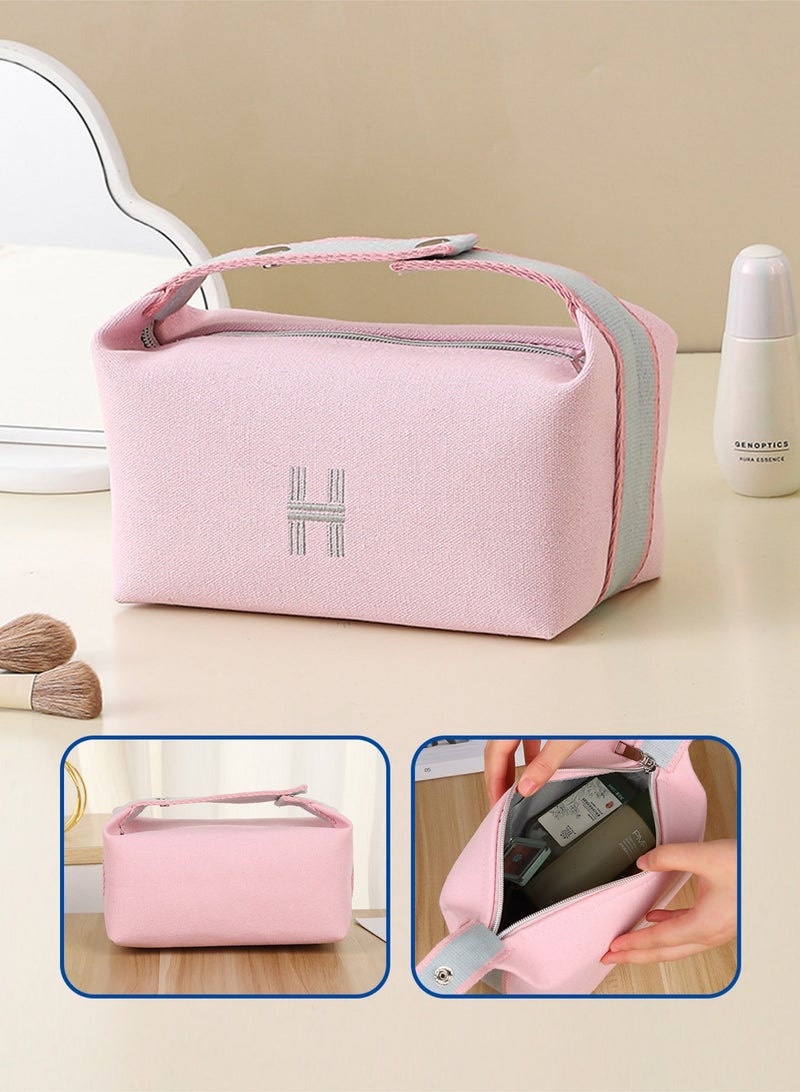 Makeup Bag Travel Toiletry Bag, Small Cosmetic Bag Portable Travel Makeup Bag with Handle, Fashion Canvas Makeup Organizer Bag Water Resistant for Women and Girls (Pink) - view 2