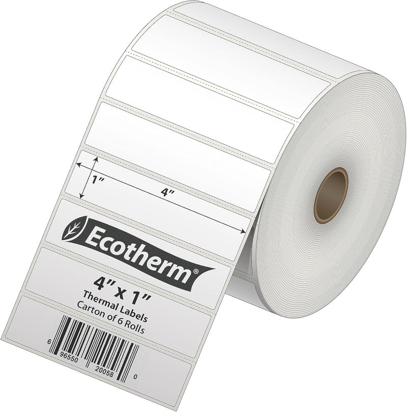 Ecotherm 4" x 1" Thermal Labels | 6 Rolls | 15000 Labels | fits Zebra, Munbyn, Rollo, Godex, Arkscan, iDPRT, Offnova Thermal Label Printers and More | Blank White Adhesive Stickers by - Image 2