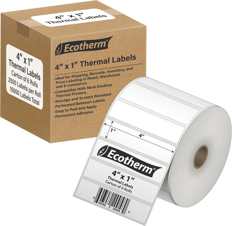 Ecotherm 4" x 1" Thermal Labels | 6 Rolls | 15000 Labels | fits Zebra, Munbyn, Rollo, Godex, Arkscan, iDPRT, Offnova Thermal Label Printers and More | Blank White Adhesive Stickers by - Image 1