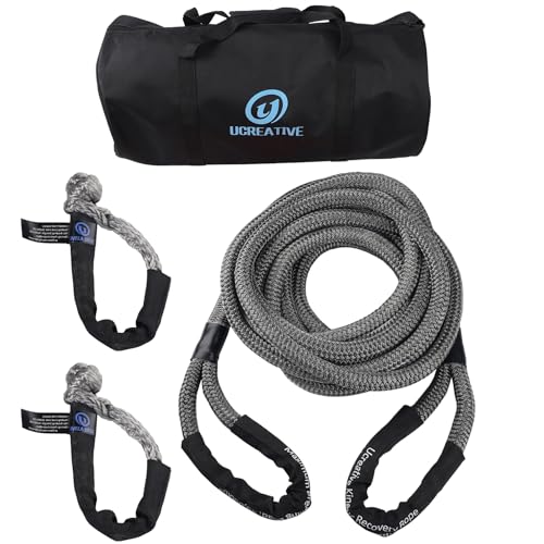 Ucreative 1" x 30' Kinetic Recovery & Tow Rope Kit Max 48,000 lbs Breaking Strength with 2PCS Synthetic Soft Shackles for Off-Road Vehicle 4WD Pick Up Truck SUV (Gray) - Image 1