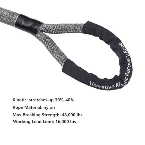 Ucreative 1" x 30' Kinetic Recovery & Tow Rope Kit Max 48,000 lbs Breaking Strength with 2PCS Synthetic Soft Shackles for Off-Road Vehicle 4WD Pick Up Truck SUV (Gray) - Image 5