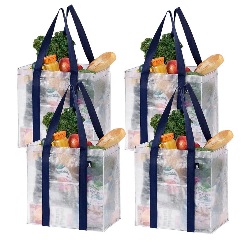VENO VENO 4 Pack Reusable Grocery Bags w/ Hard Bottom, Heavy-Duty Shopping Bags for Shopping Cart (Clear, 4 Pack)  - Image 1