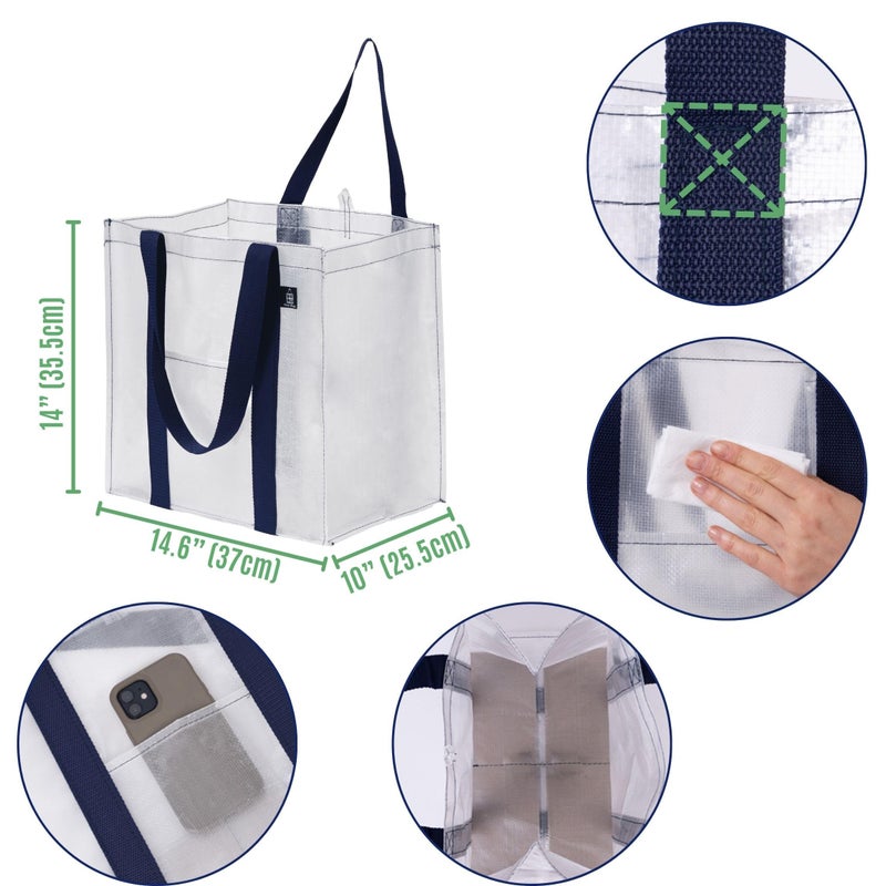 VENO VENO 4 Pack Reusable Grocery Bags w/ Hard Bottom, Heavy-Duty Shopping Bags for Shopping Cart (Clear, 4 Pack)  - Image 2