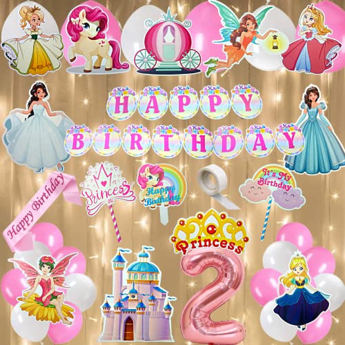 FI - FLICK IN 50 pcs Happy 2nd Birthday Decoration Kit for Girls Car Castle Cutouts Princess Sash Led Light Princess Birthday Decoration Number 2 Foil Balloon (Pack of 50, Pink) - Image 1