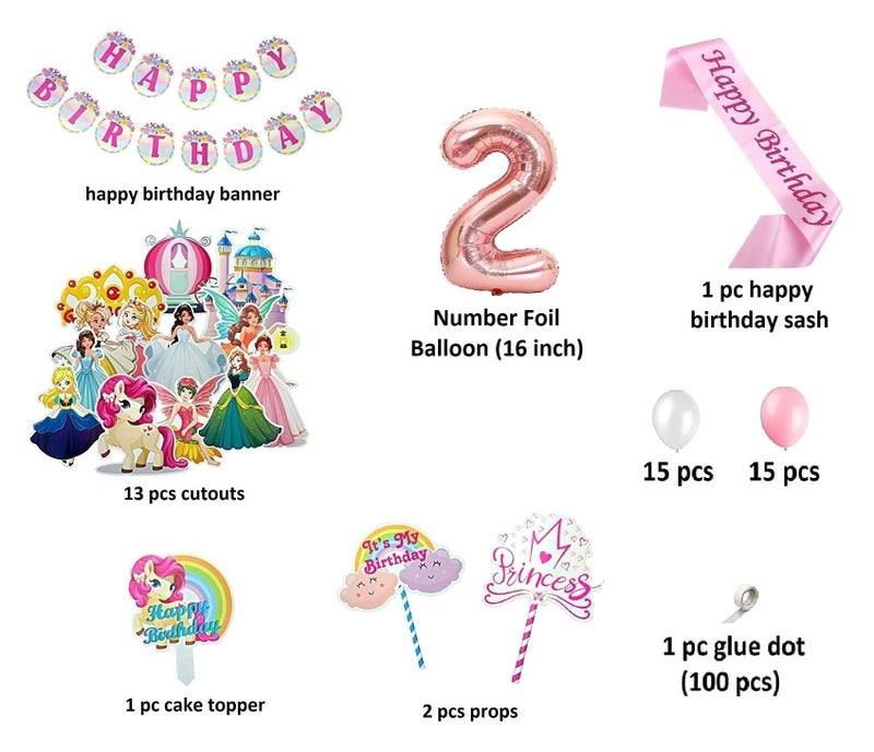 FI - FLICK IN 50 pcs Happy 2nd Birthday Decoration Kit for Girls Car Castle Cutouts Princess Sash Led Light Princess Birthday Decoration Number 2 Foil Balloon (Pack of 50, Pink) - Image 2