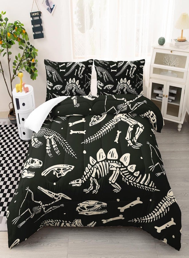 AILONEN Dinosaur Comforter Set Queen Size, Black and White Cartoon Skeleton Bedding for Kids, Boys - Fossil Bones Print Duvet Set, 1 Quilt and 2 Pillowcases, 3-Piece - Image 1
