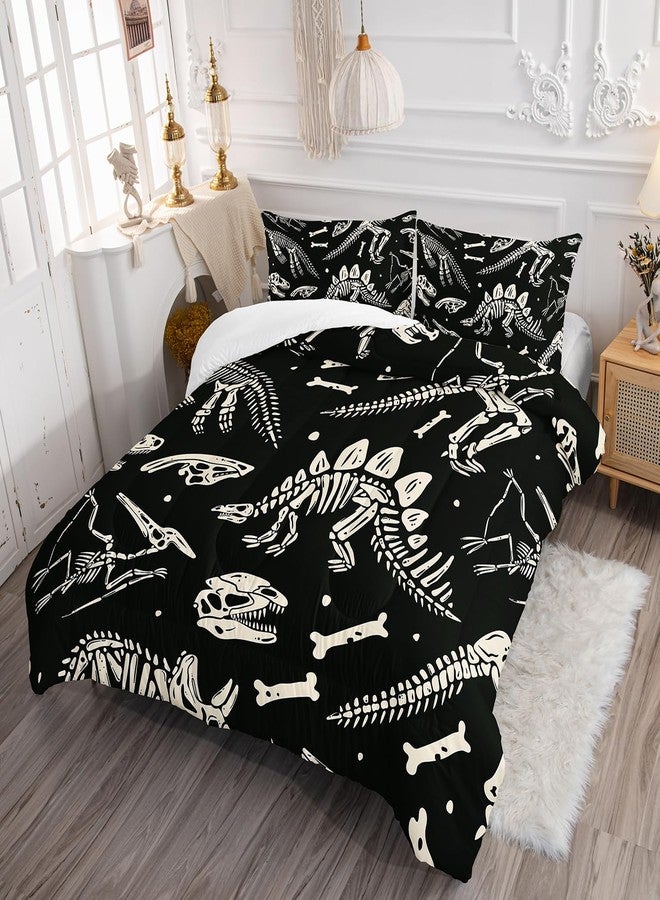 AILONEN Dinosaur Comforter Set Queen Size, Black and White Cartoon Skeleton Bedding for Kids, Boys - Fossil Bones Print Duvet Set, 1 Quilt and 2 Pillowcases, 3-Piece - Image 2