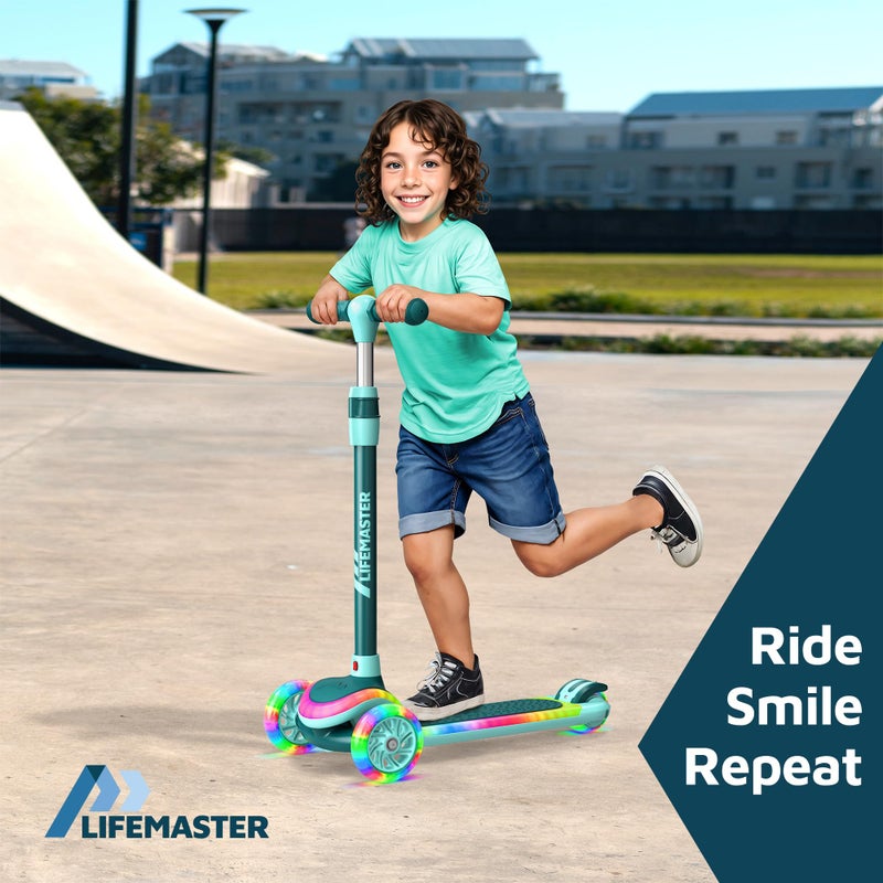 Lifemaster 3-Wheel Kids Scooter with Multi-Color Lights on Deck & Wheels â€“ 5-Height Adjustable Handlebar, Wide Anti-Slip Deck, Child Safety Certified, Boys & Girls Ages 3+ Supports Up to 150 lbs, Aqua - Image 3