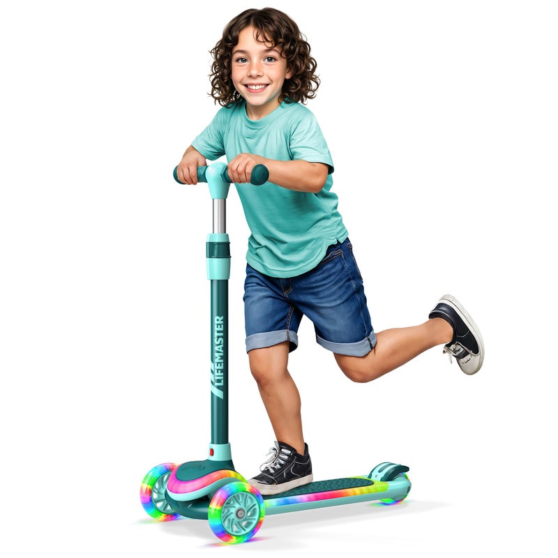 Lifemaster 3-Wheel Kids Scooter with Multi-Color Lights on Deck & Wheels â€“ 5-Height Adjustable Handlebar, Wide Anti-Slip Deck, Child Safety Certified, Boys & Girls Ages 3+ Supports Up to 150 lbs, Aqua - Image 1