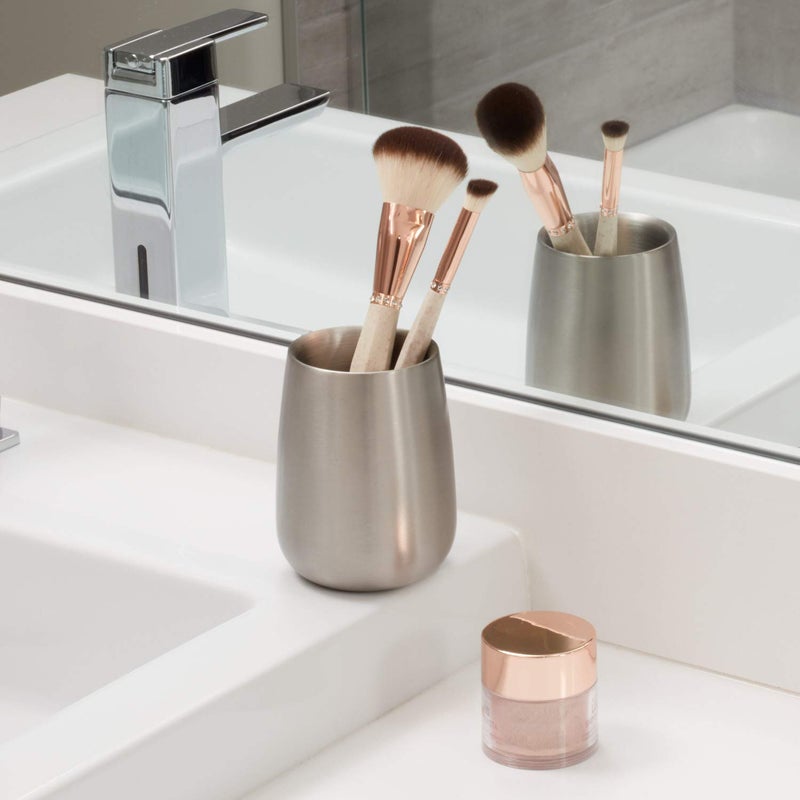 InterDesign iDesign Nogu Metal Tumbler Cup, Holder for Makeup Brushes, Toothbrushes, Glasses, Brushes on Bathroom, Vanity Countertops, College Dorm, Bedroom Desks, 3.25" x 3.25" x 4" - Brushed Stainless Steel - Image 3