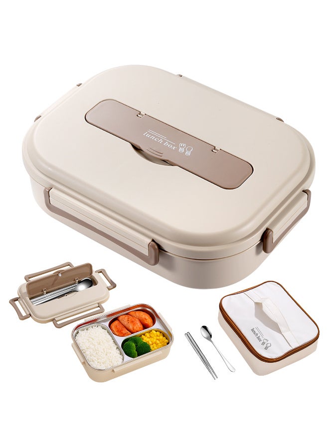 HI-FINE Lunch Box,1200ml Stainless Steel Bento Box,Versatile 3-Compartment Portable Lunch Box Container-Salad Lunch Containers for Adults/Kids with Chopsticks Spoon Thermos Bag Accessories (Beige)  - Image 1