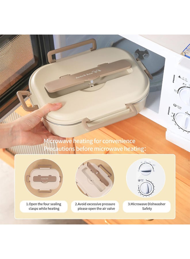 HI-FINE Lunch Box,1200ml Stainless Steel Bento Box,Versatile 3-Compartment Portable Lunch Box Container-Salad Lunch Containers for Adults/Kids with Chopsticks Spoon Thermos Bag Accessories (Beige)  - Image 4