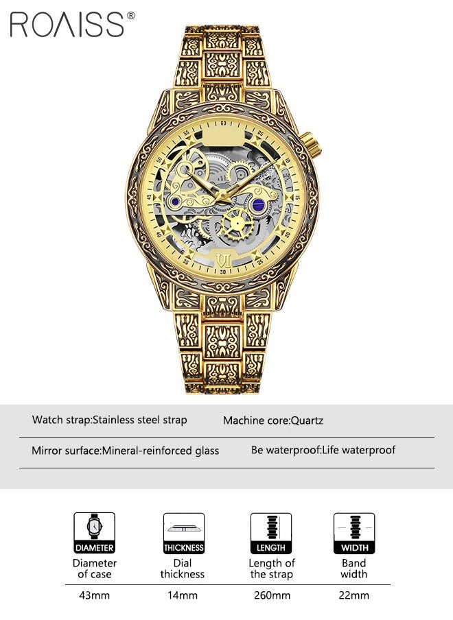 roaiss - Men's Stainless Steel Strap Quartz Watch Analog Display Round Transparent Hollow Dial Imitating Mechanical Watch Design Waterproof Luminous Wristwatch as Gift for Men - Image 1