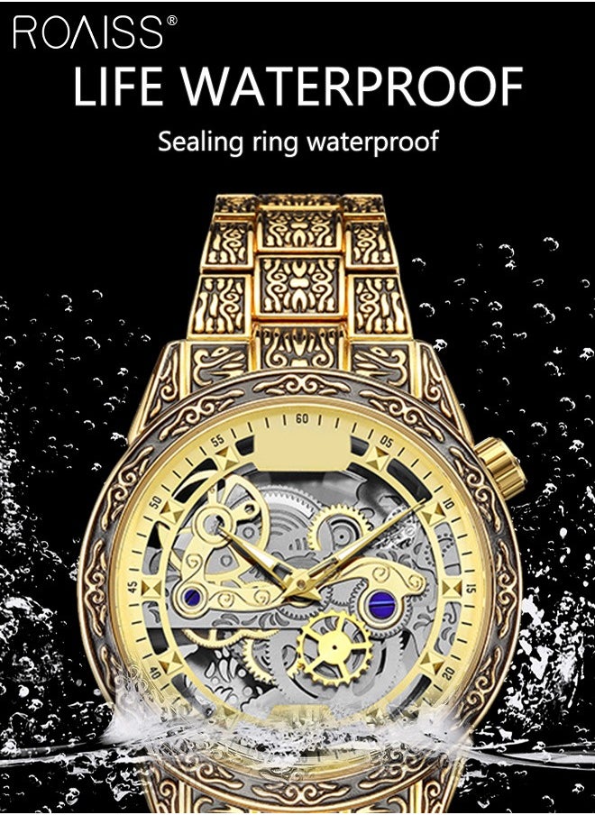 roaiss - Men's Stainless Steel Strap Quartz Watch Analog Display Round Transparent Hollow Dial Imitating Mechanical Watch Design Waterproof Luminous Wristwatch as Gift for Men - Image 1