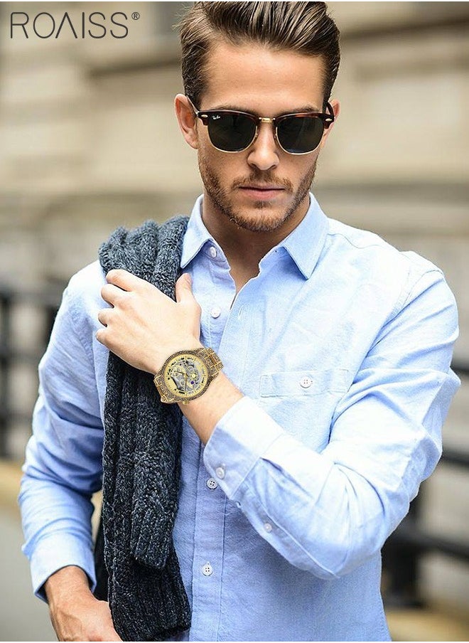 roaiss - Men's Stainless Steel Strap Quartz Watch Analog Display Round Transparent Hollow Dial Imitating Mechanical Watch Design Waterproof Luminous Wristwatch as Gift for Men - Image 1