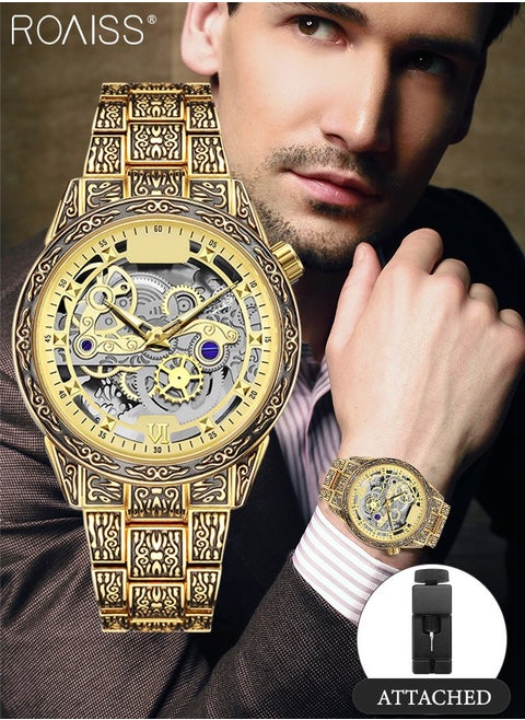 Men's Stainless Steel Strap Quartz Watch Analog Display Round Transparent Hollow Dial Imitating Mechanical Watch Design Waterproof Luminous Wristwatch as Gift for Men