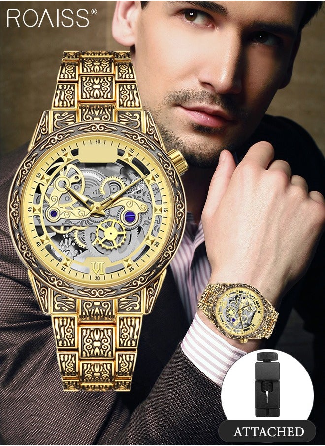 roaiss - Men's Stainless Steel Strap Quartz Watch Analog Display Round Transparent Hollow Dial Imitating Mechanical Watch Design Waterproof Luminous Wristwatch as Gift for Men - Image 1