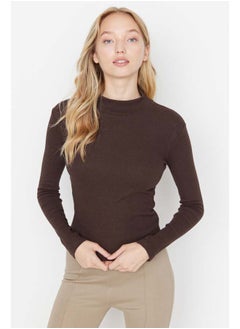 Brown Fitted High Collar Long Sleeve Ribbed Stretchy Knitted Blouse TWOAW21BZ0423