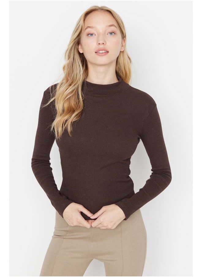 trendyol - Brown Fitted High Collar Long Sleeve Ribbed Stretchy Knitted Blouse TWOAW21BZ0423 - Image 1