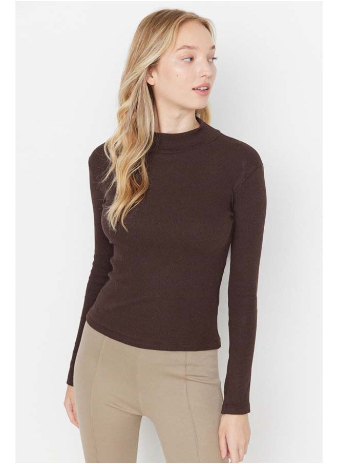 trendyol - Brown Fitted High Collar Long Sleeve Ribbed Stretchy Knitted Blouse TWOAW21BZ0423 - Image 1