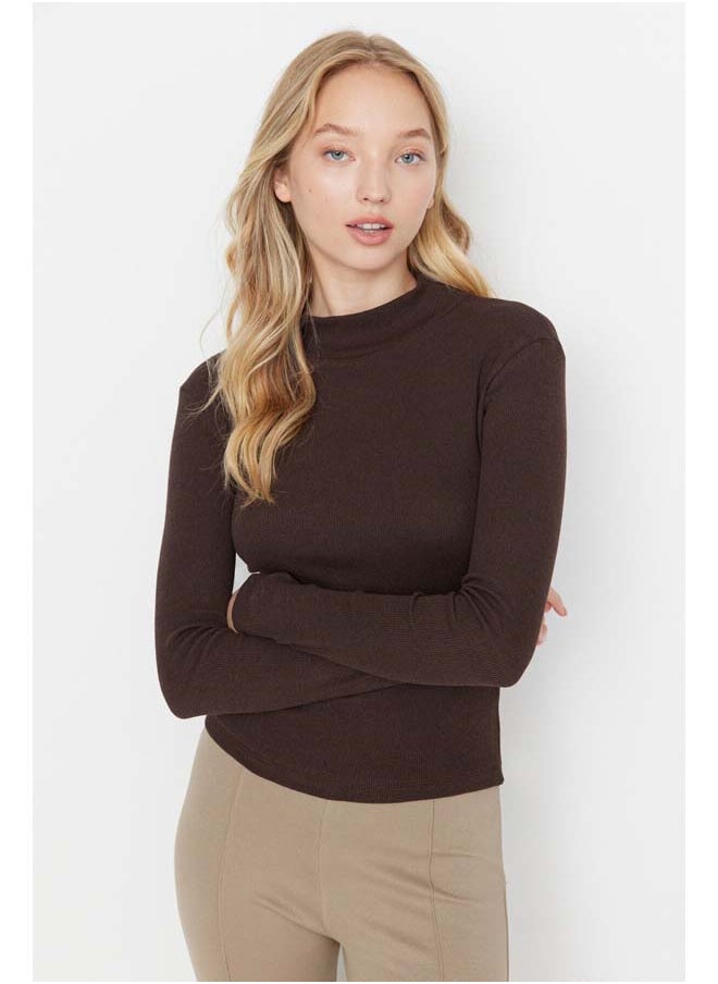 trendyol - Brown Fitted High Collar Long Sleeve Ribbed Stretchy Knitted Blouse TWOAW21BZ0423 - Image 1