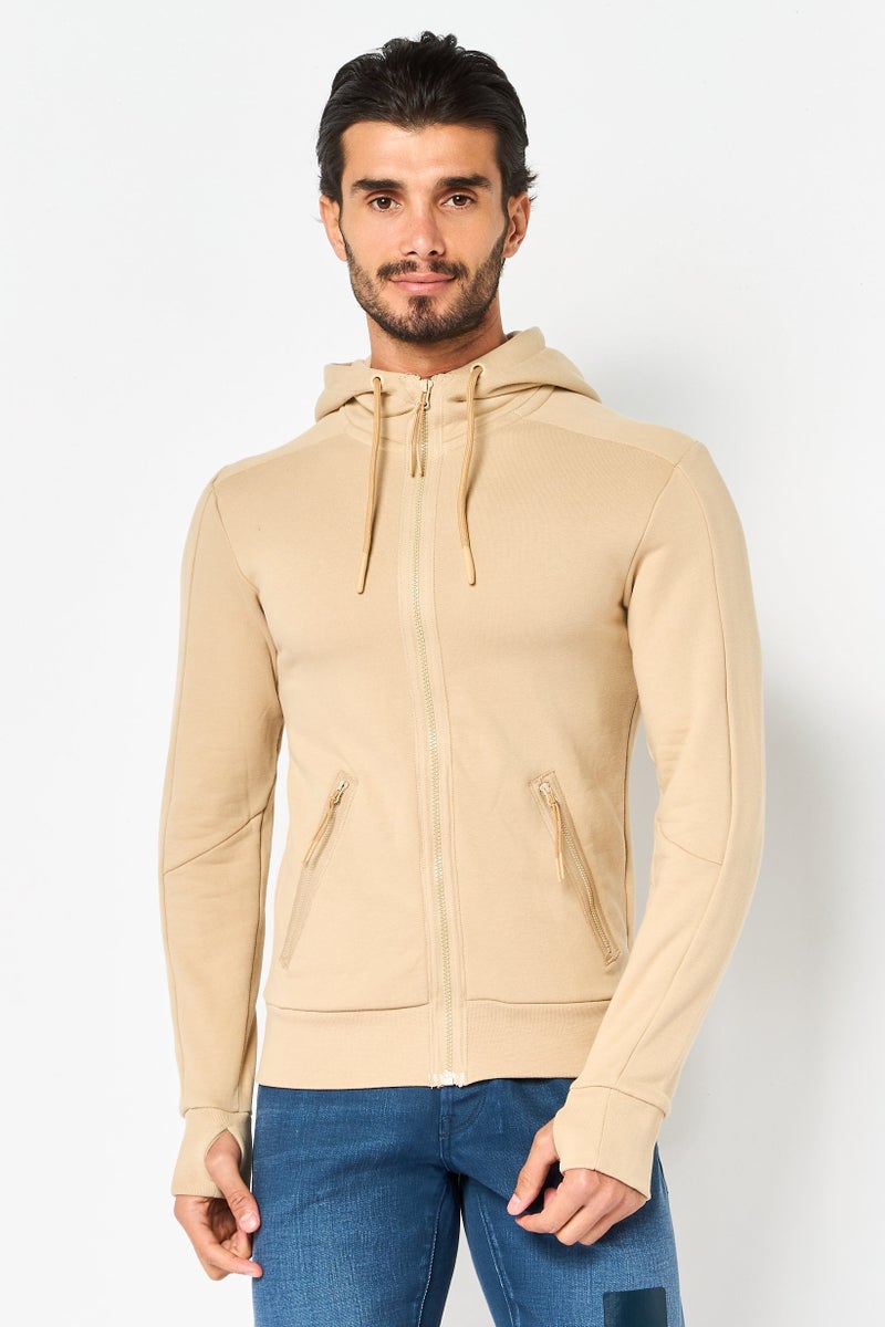 Celio Men Hooded Solid Long Sleeve Full Zip Jacket, Beige - Image 1