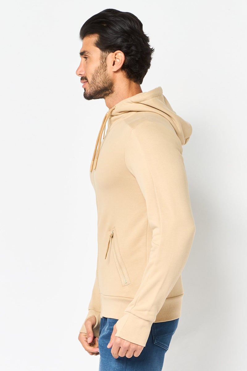 Celio Men Hooded Solid Long Sleeve Full Zip Jacket, Beige - Image 2