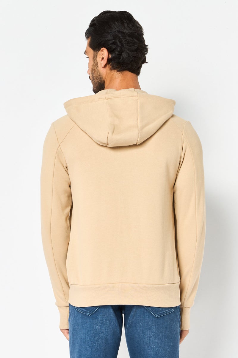 Celio Men Hooded Solid Long Sleeve Full Zip Jacket, Beige - Image 3