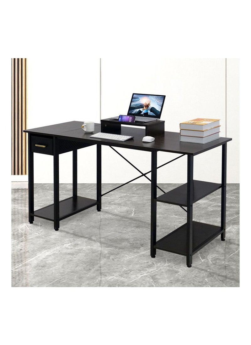 Chulovs - 140cm Writing Computer Desk , Home Office Study Desk with 2 Storage Shelves on Left or Right Side, Industrial Simple Style Wood Table Metal Frame for PC Laptop Notebook - Image 1