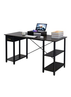 140cm Writing Computer Desk , Home Office Study Desk with 2 Storage Shelves on Left or Right Side, Industrial Simple Style Wood Table Metal Frame for PC Laptop Notebook