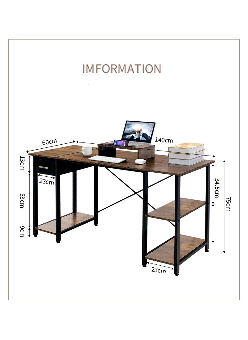 Chulovs - 140cm Writing Computer Desk , Home Office Study Desk with 2 Storage Shelves on Left or Right Side, Industrial Simple Style Wood Table Metal Frame for PC Laptop Notebook - Image 1