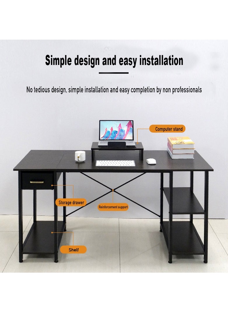 Chulovs - 140cm Writing Computer Desk , Home Office Study Desk with 2 Storage Shelves on Left or Right Side, Industrial Simple Style Wood Table Metal Frame for PC Laptop Notebook - Image 1