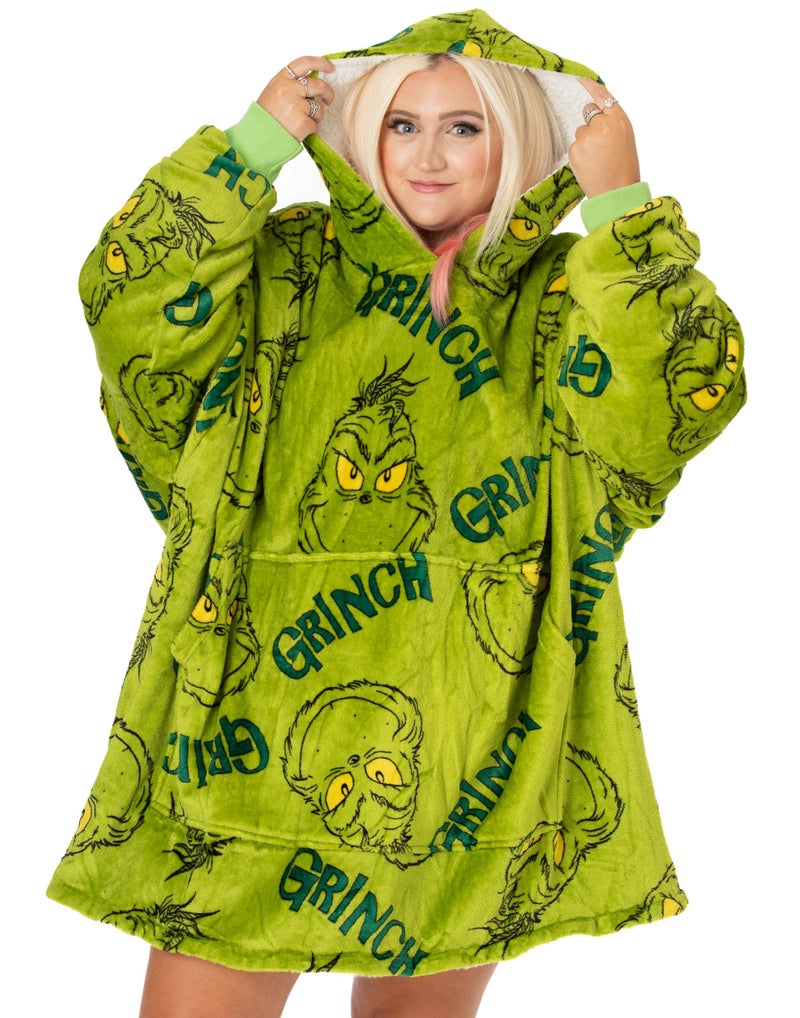The Grinch Adults Oversized Wearable Blanket Options Green Sherpa Fluffy Fleece Embroidered and AOP Christmas Hoodie - Image 2