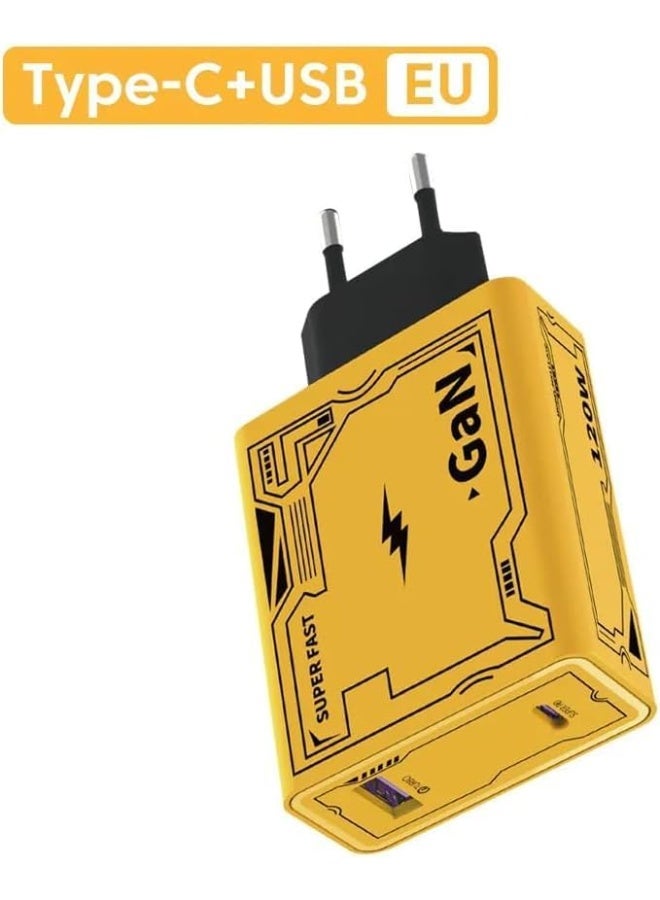 محول طاقة بتقنية الشحن السريع 120 وات، كابل نوع سي بطول 2 م، شحن تيربو 4 في 1، لون أصفر - Image 5