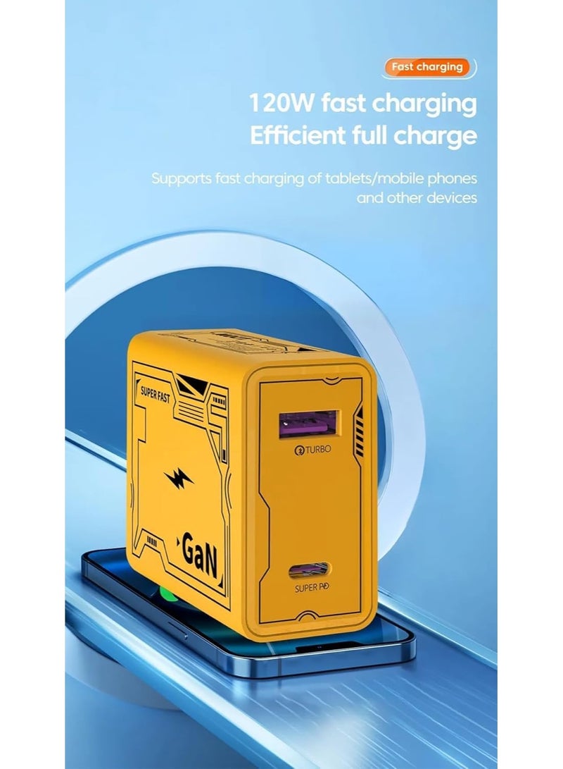 محول طاقة بتقنية الشحن السريع 120 وات، كابل نوع سي بطول 2 م، شحن تيربو 4 في 1، لون أصفر - Image 4