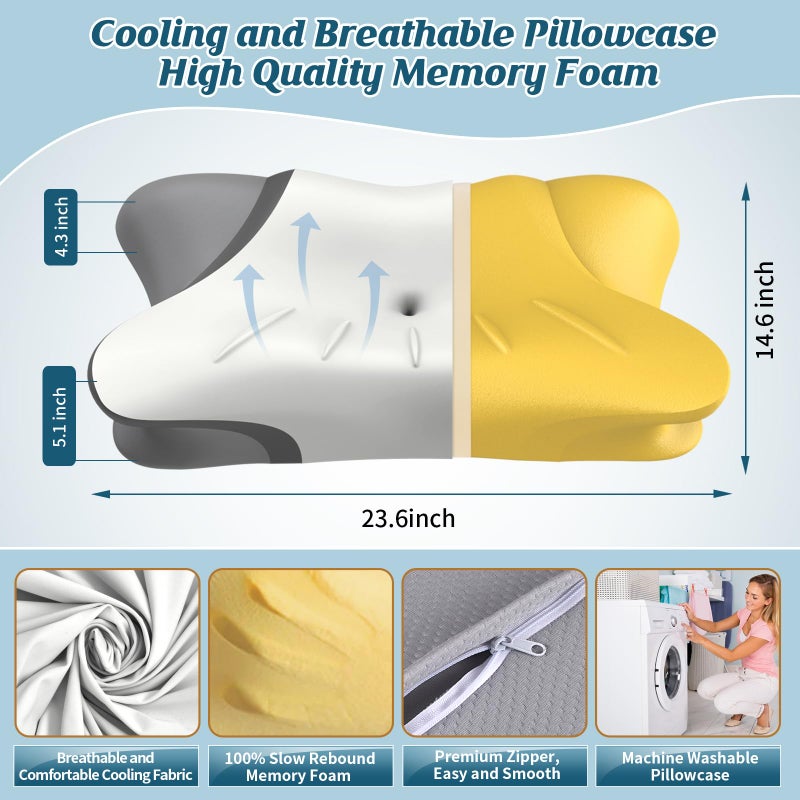 HAMYODO Cervical Neck Pillow for Pain Relief, Bed Pillows for Sleeping, Ergonomic Cooling Pillow, Orthopedic Contour Pillow for Side Back Stomach Sleepers,Neck Support Memory Foam Pillows with Pillow Covers - Image 3