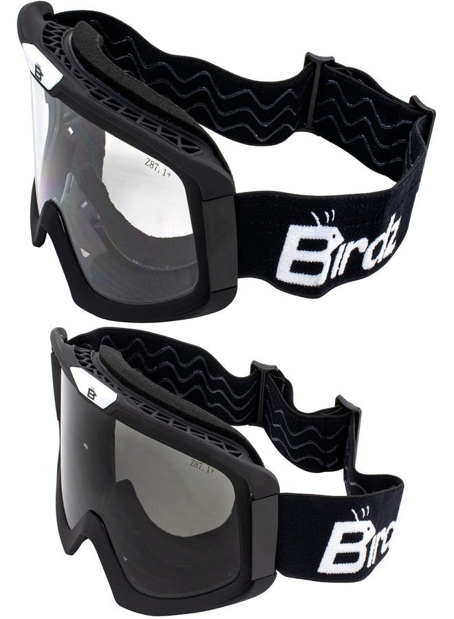 Birdz Eyewear Pelican 2 Pairs Motorcycle Safety Goggles Fitover Black TPU Frame w/Clear & Smoke Lenses - Image 1
