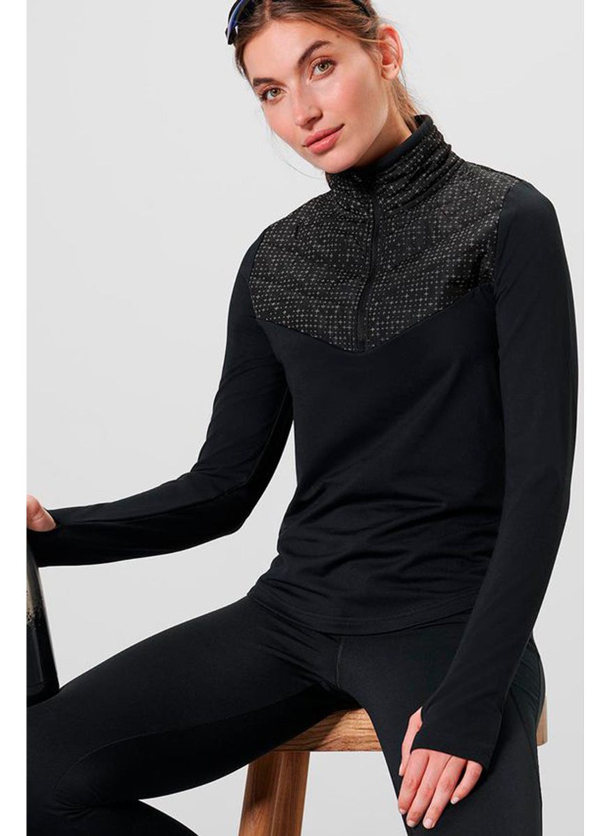 Tchibo Women Mock Neck Half Zipper Textured Sweatshirt, Black  - Image 1