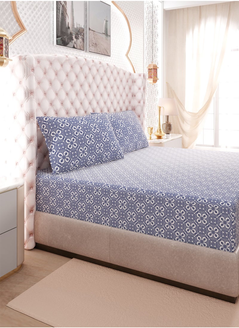 Color Sense Print 1 Fitted Sheet + 2 Pillow Cases Queen Cotton Blue 200x160cm  - Image 1