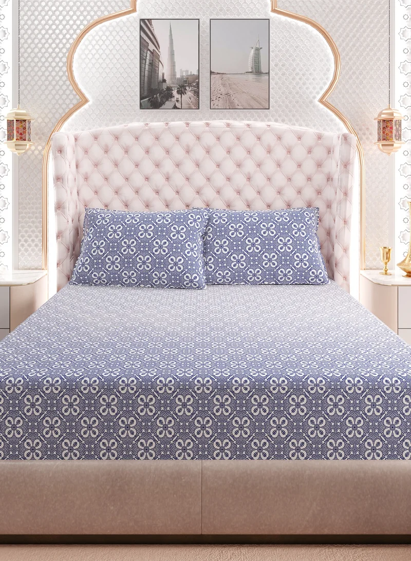 Color Sense Print 1 Fitted Sheet + 2 Pillow Cases Queen Cotton Blue 200x160cm